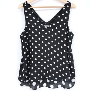 Womens Black White Polka Dot Layered V-Neck Chiffon Tank Top Size M Office Siren